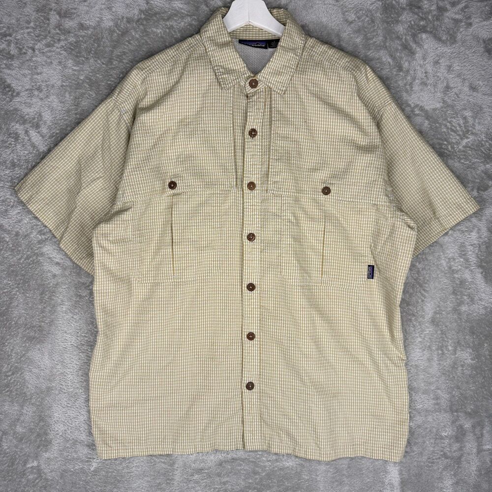 Vtg Patagonia Tropical Flats Shirt Mens Large Yellow Seersucker Wood Button Fish